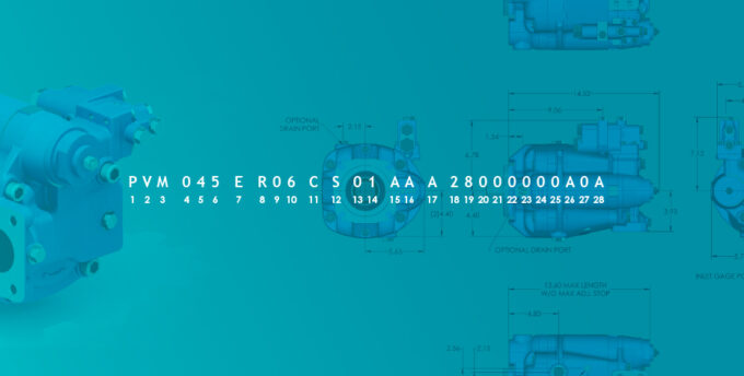 The piston pump model code "PVM045ER06CS01AAA28000000A0A on a blue background with piston pump diagrams