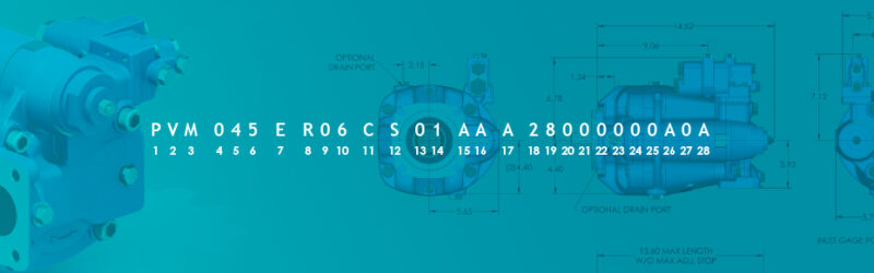 The piston pump model code "PVM045ER06CS01AAA28000000A0A on a blue background with piston pump diagrams