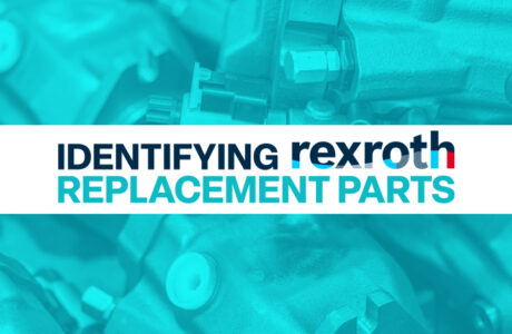 The words "Identifying Rexroth Replacement Parts" placed over a background of various piston pump components