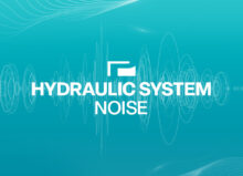 A digital visualization of sound waves with the text "HYDRAULIC SYSTEM NOISE" prominently displayed in bold white font. The background is a gradient of turquoise shades, with layered waveforms creating a dynamic and modern representation of noise analysis in hydraulic systems.