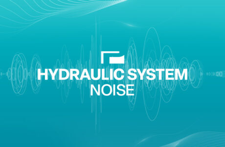 A digital visualization of sound waves with the text "HYDRAULIC SYSTEM NOISE" prominently displayed in bold white font. The background is a gradient of turquoise shades, with layered waveforms creating a dynamic and modern representation of noise analysis in hydraulic systems.