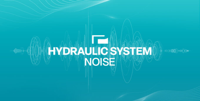 A digital visualization of sound waves with the text "HYDRAULIC SYSTEM NOISE" prominently displayed in bold white font. The background is a gradient of turquoise shades, with layered waveforms creating a dynamic and modern representation of noise analysis in hydraulic systems.