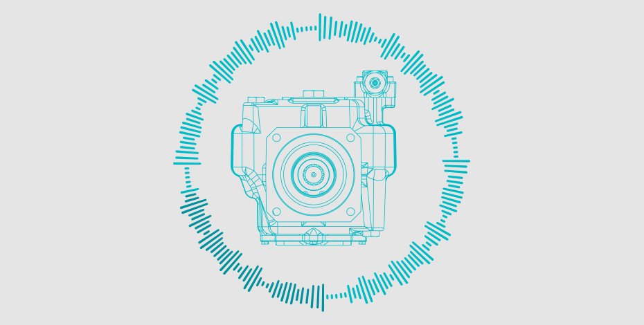 A blueprint-style illustration of a hydraulic pump or system component, surrounded by a circular waveform pattern. The image uses a minimalist turquoise outline on a light background, symbolizing technical precision and noise measurement.