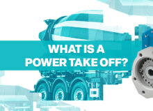 Graphic featuring a cement mixer truck and a blue power take-off (PTO) unit with the text "WHAT IS A POWER TAKE OFF?" over a blue banner.