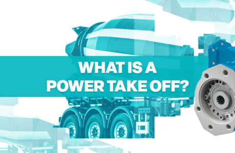 Graphic featuring a cement mixer truck and a blue power take-off (PTO) unit with the text "WHAT IS A POWER TAKE OFF?" over a blue banner.