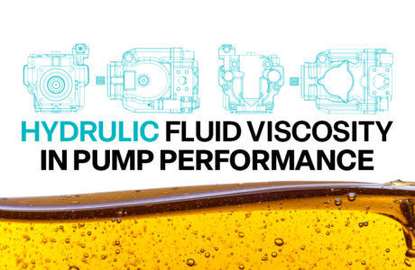 The words "Hydraulic Fluid Viscosity in Pump Performance" appear on a white background with hydraulic fluid underneath it